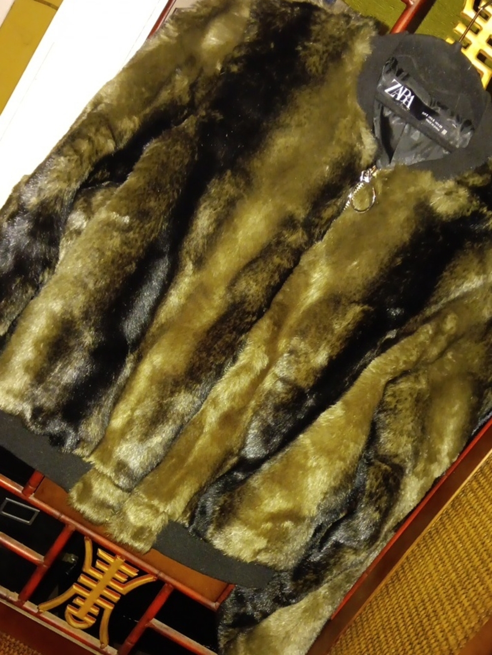 Zara Olive Goldish black tone Faux Fur Bomber Jacket